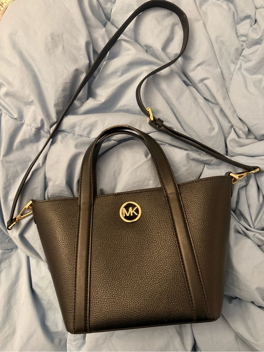 Michael Kors Black Pebbled Leather Crossbody Tote with Gold MK Emblem